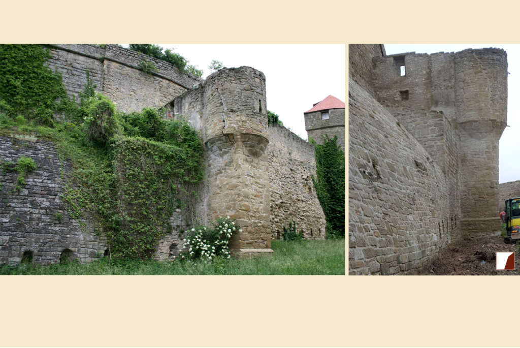 Wallgrabenmauern und Turm vorher und nachher
