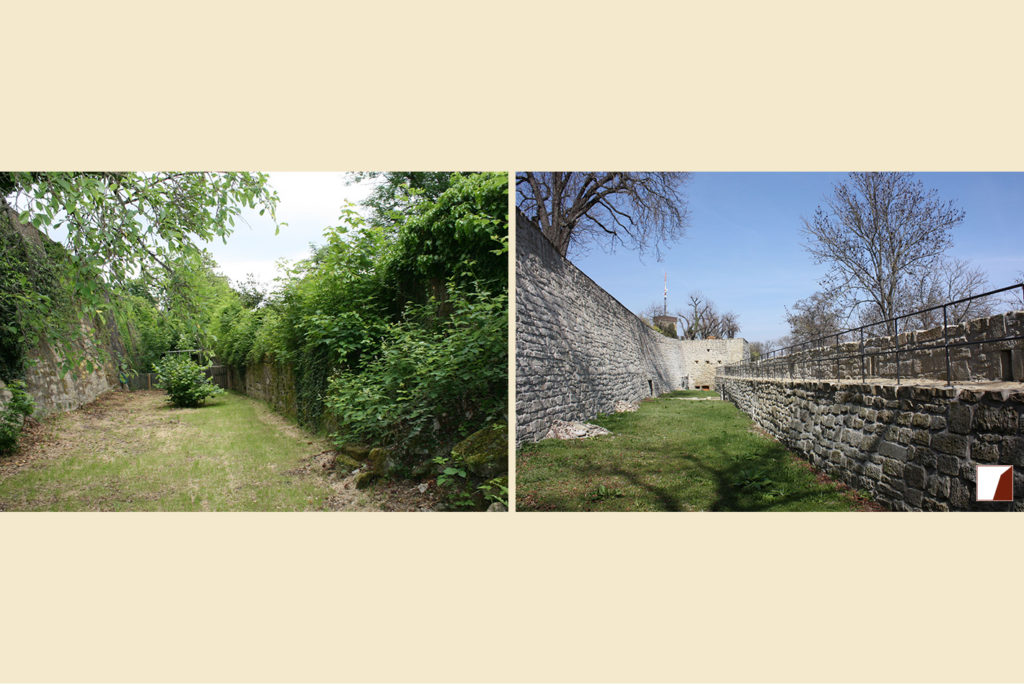 Wallgarten mit Kanonenstand im Hintergrund vorher und nachher