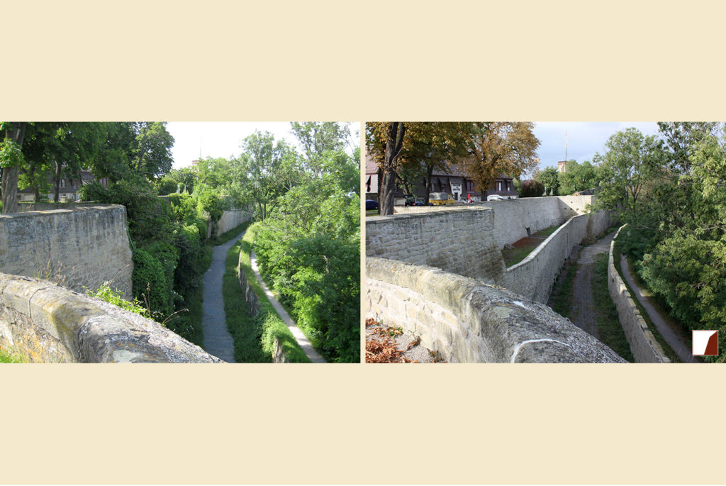 Wallgarten mit Blick auf Kanonenstand und Wallmauern vorher und nachher